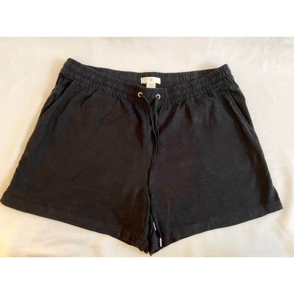 H&M Shorts Women Large Black Linen Blend Drawstring Casual Elastic Waist Pockets